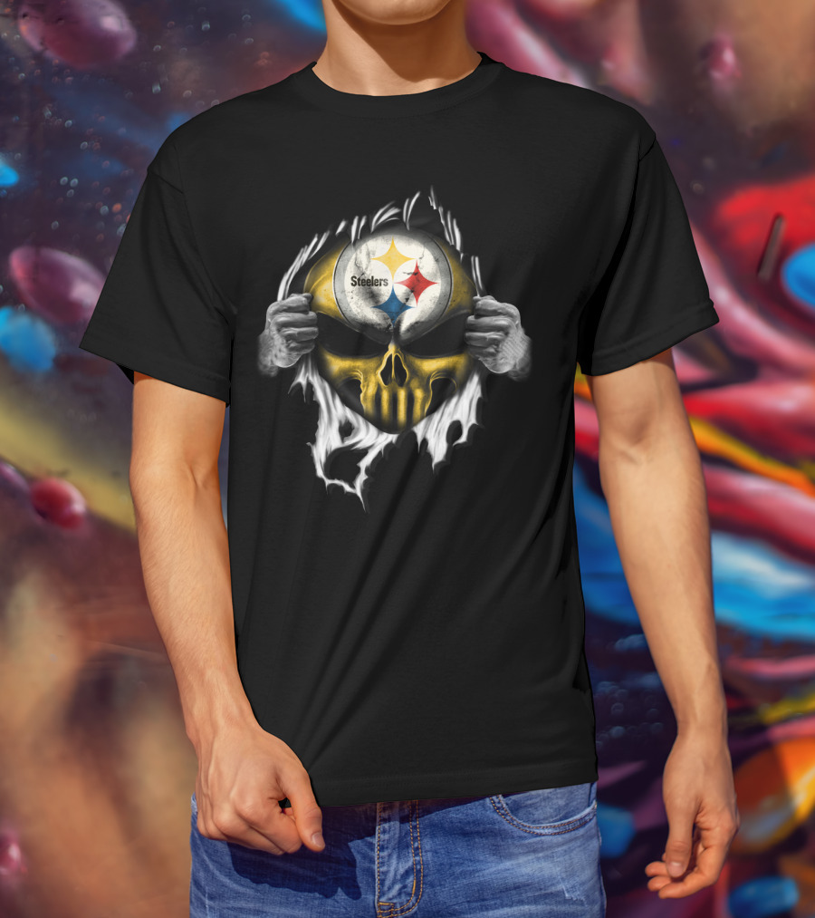 Steelers Skull With Logo And Ripped Effect T-Shirt