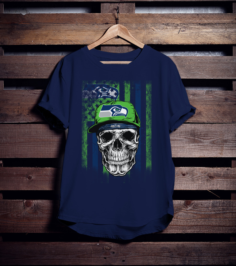 Seattle Seahawks Skull Cap Logo Grunge Style T-Shirt