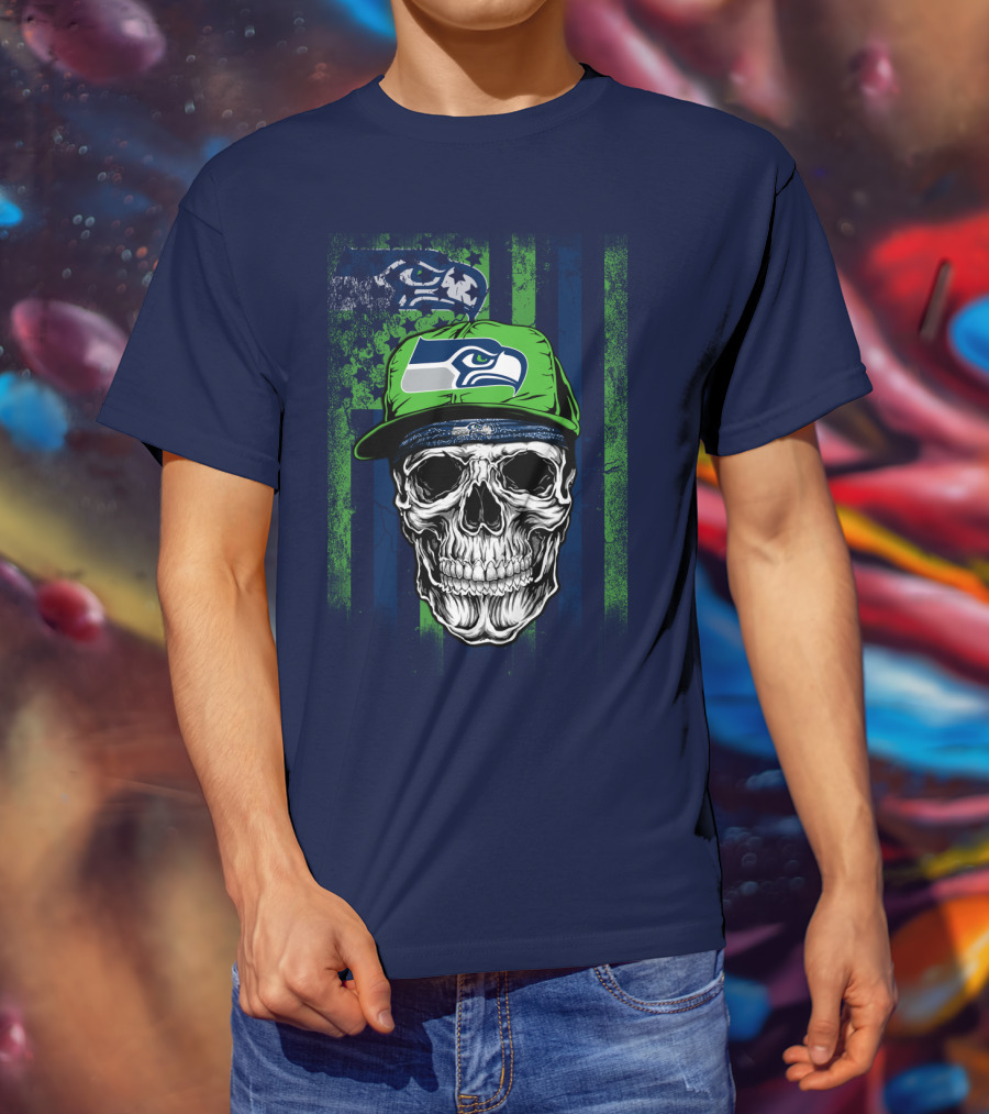 Seattle Seahawks Skull Cap Logo Grunge Style T-Shirt