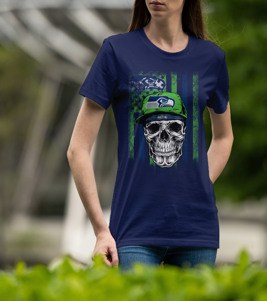Seattle Seahawks Skull Cap Logo Grunge Style T-Shirt