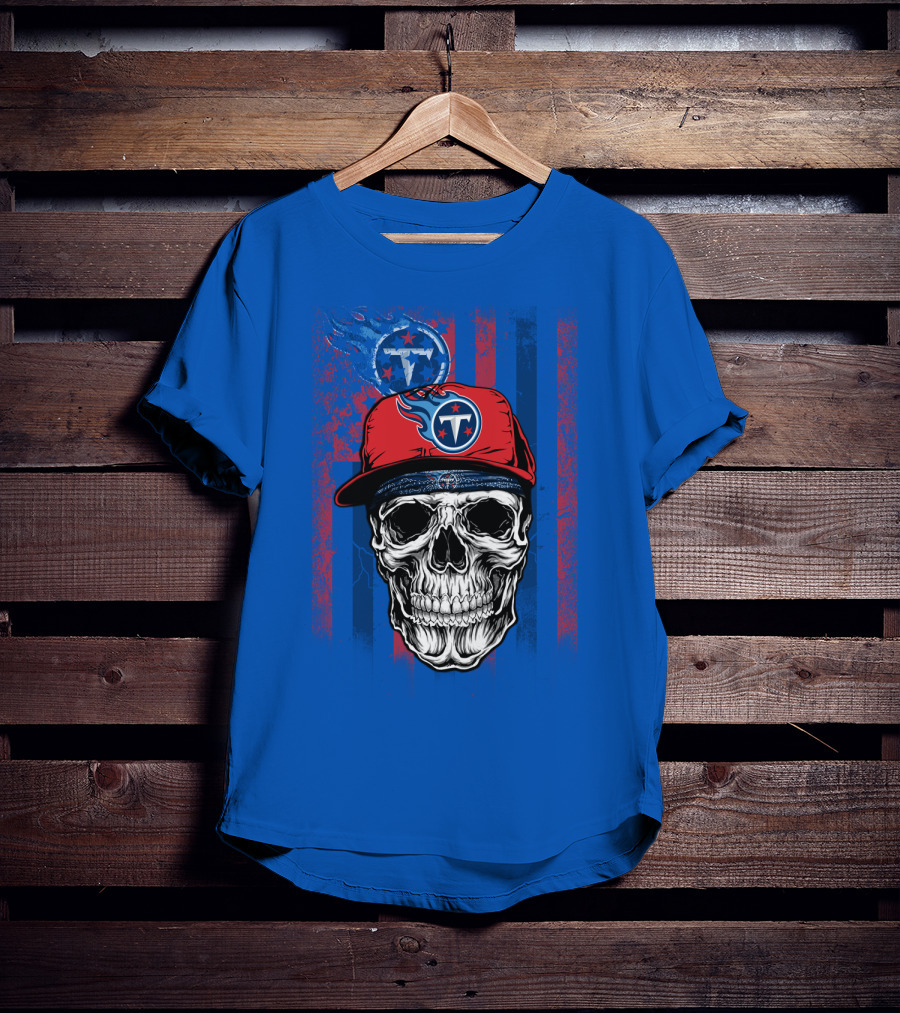 Tennessee Titans Skull With Cap Logo And Stripes T-Shirt