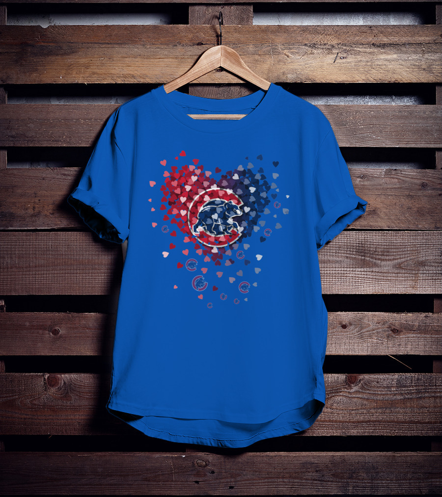 Chicago Cubs Heart Pattern With Bear Logo And Hearts In Red White And Blue T-Shirt