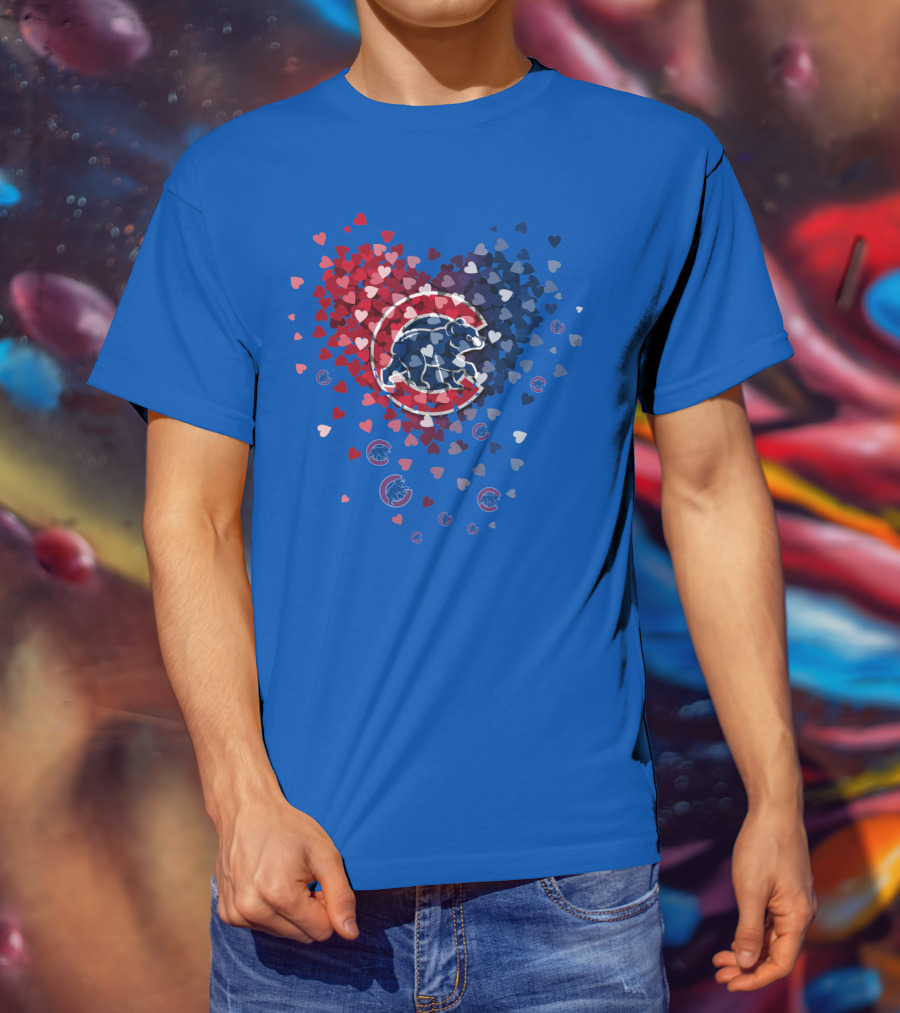 Chicago Cubs Heart Pattern With Bear Logo And Hearts In Red White And Blue T-Shirt