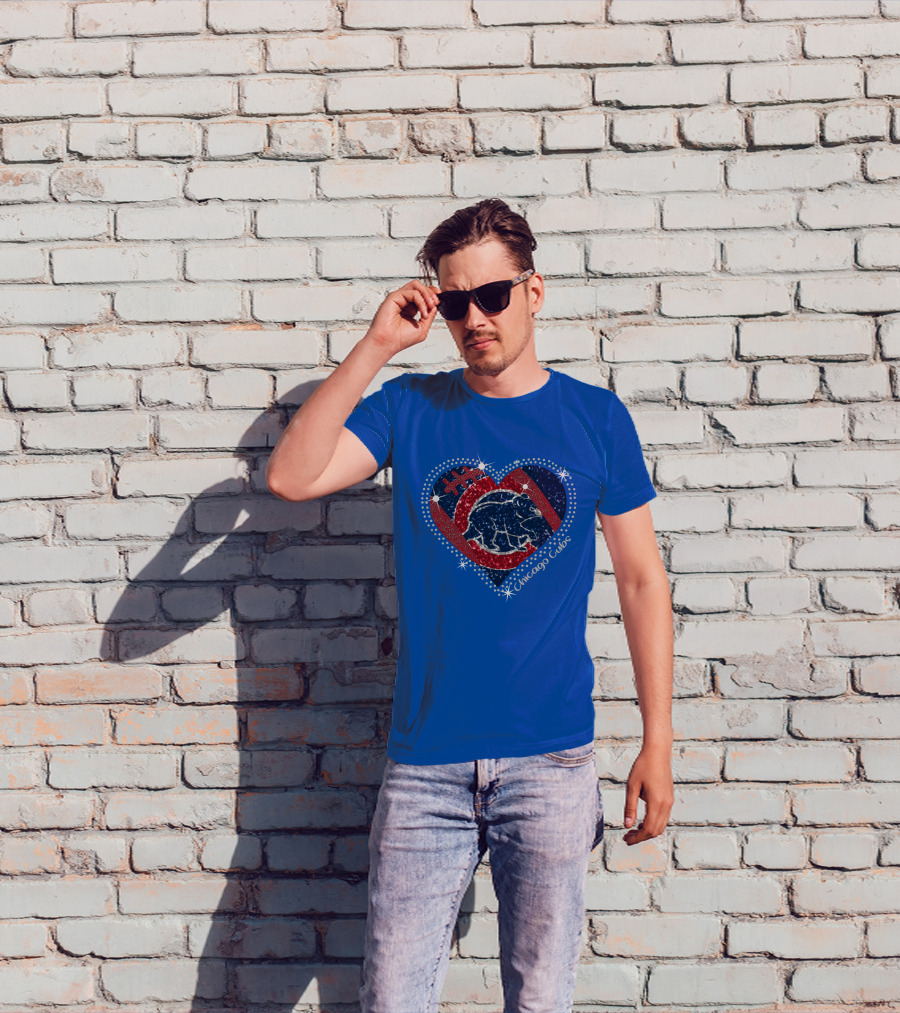Chicago Cubs Heart Sparkle Football Bear T-Shirt