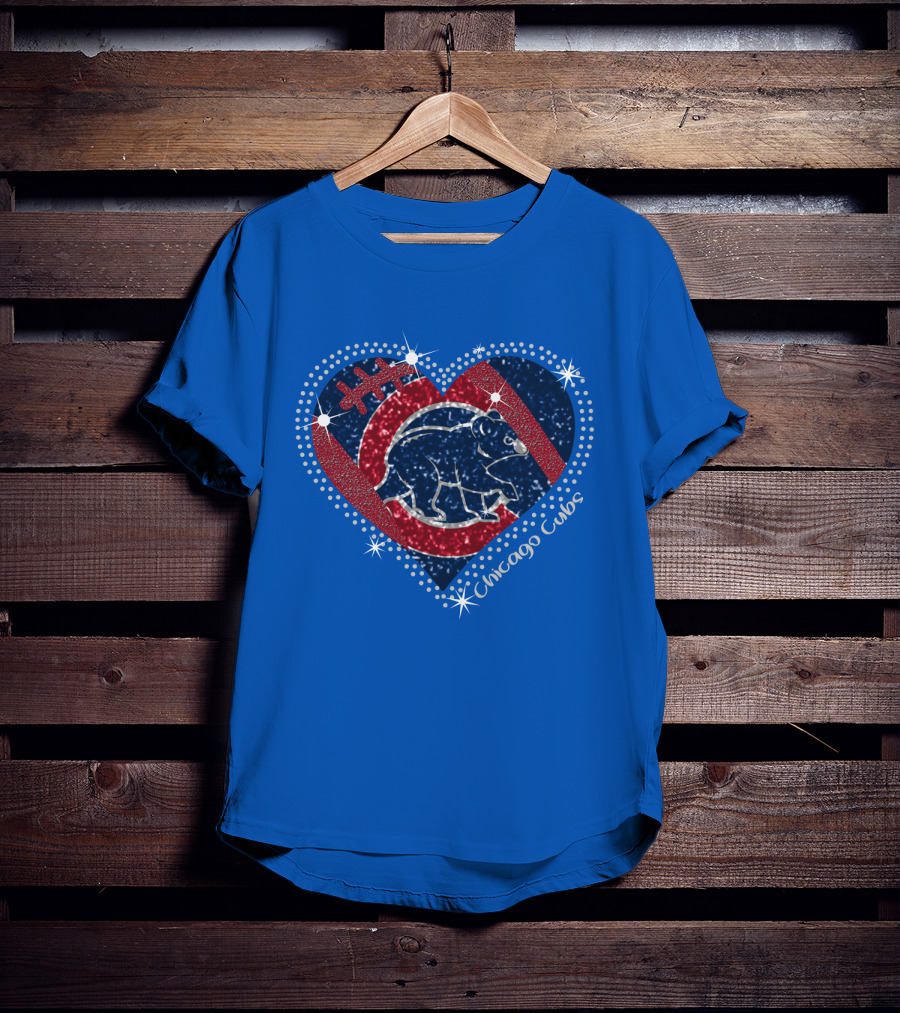 Chicago Cubs Heart Sparkle Football Bear T-Shirt