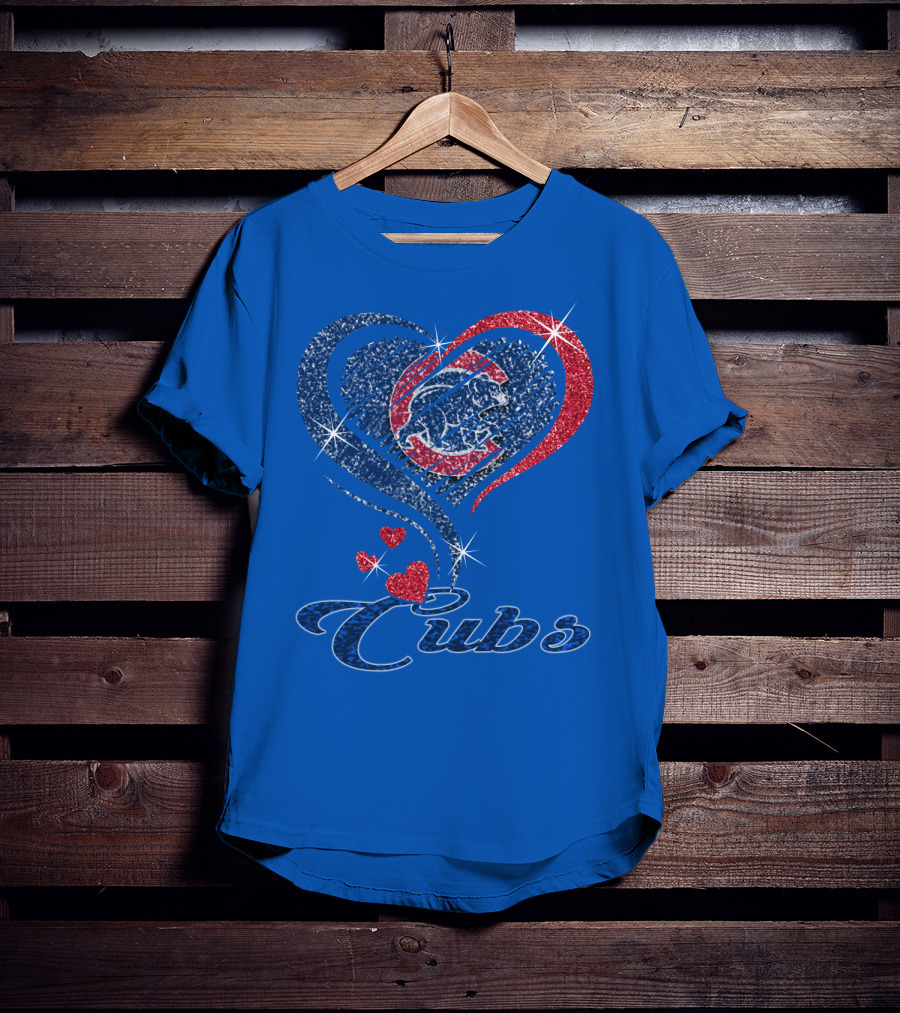 Cubs Sparkling Heart With Chicago Cubs Bear T-Shirt