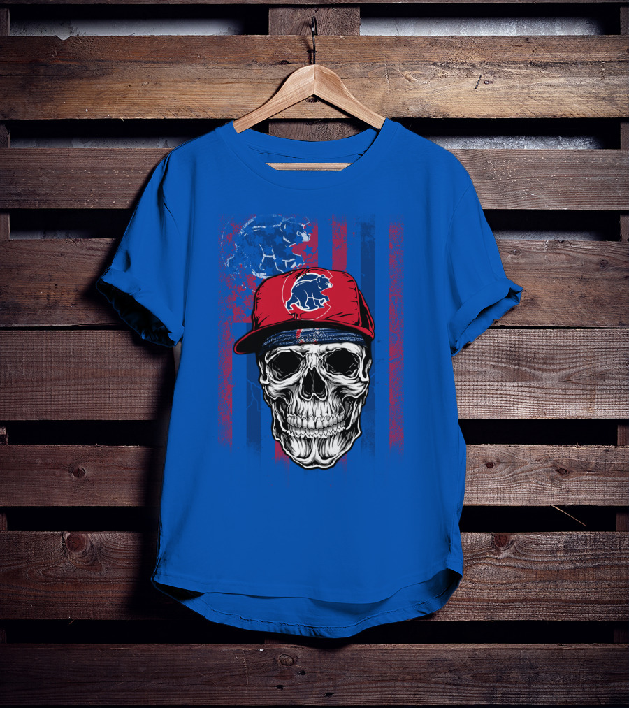 Chicago Cubs Skull With Bear And Cap On Blue T-Shirt