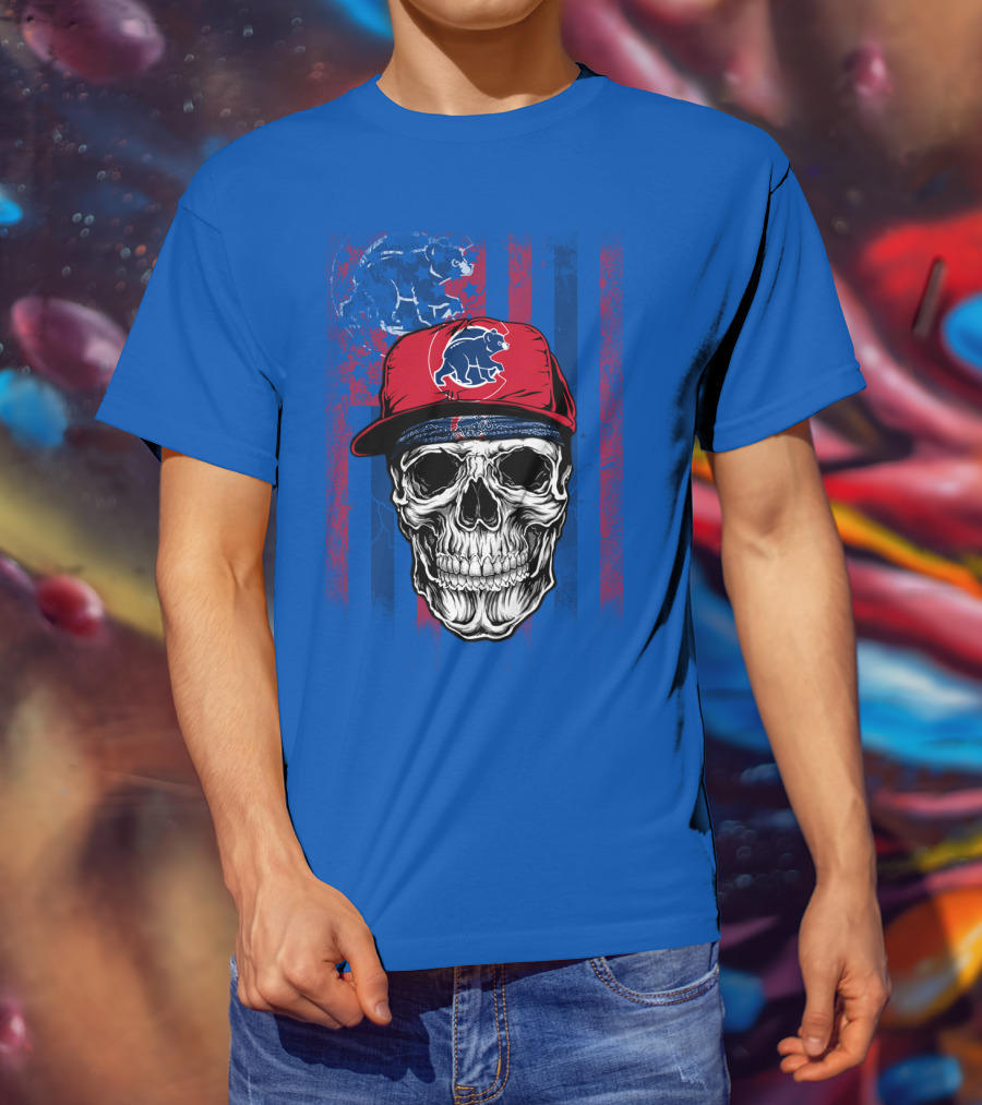 Chicago Cubs Skull With Bear And Cap On Blue T-Shirt