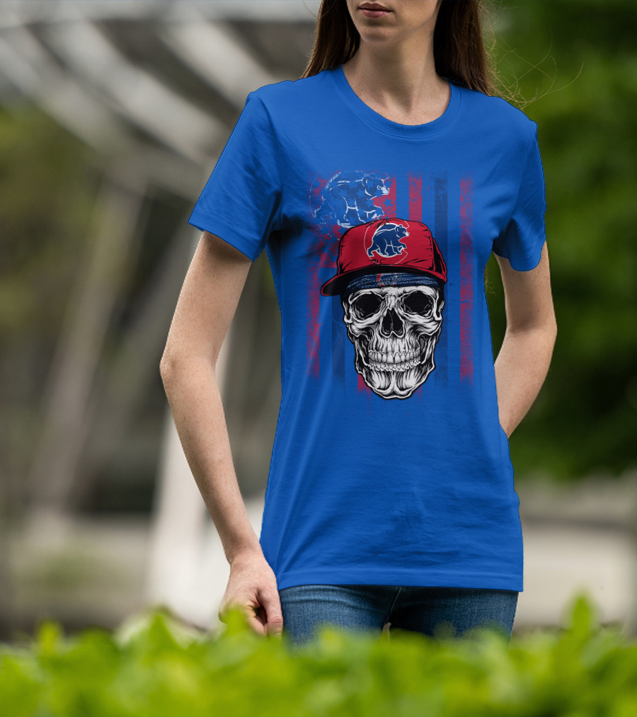 Chicago Cubs Skull With Bear And Cap On Blue T-Shirt
