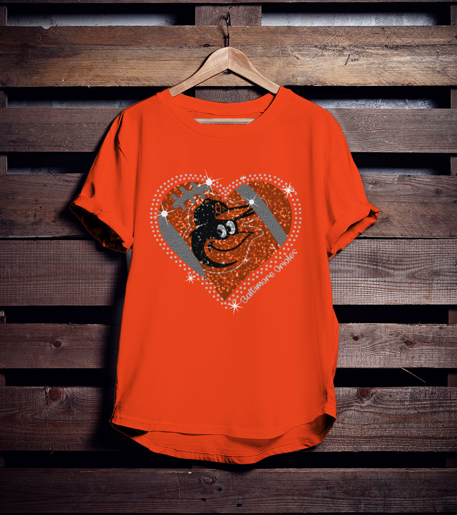 Baltimore Orioles Sparkling Heart And Baseball T-Shirt