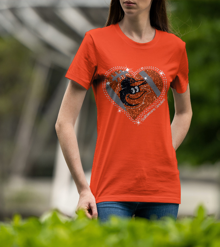 Baltimore Orioles Sparkling Heart And Baseball T-Shirt