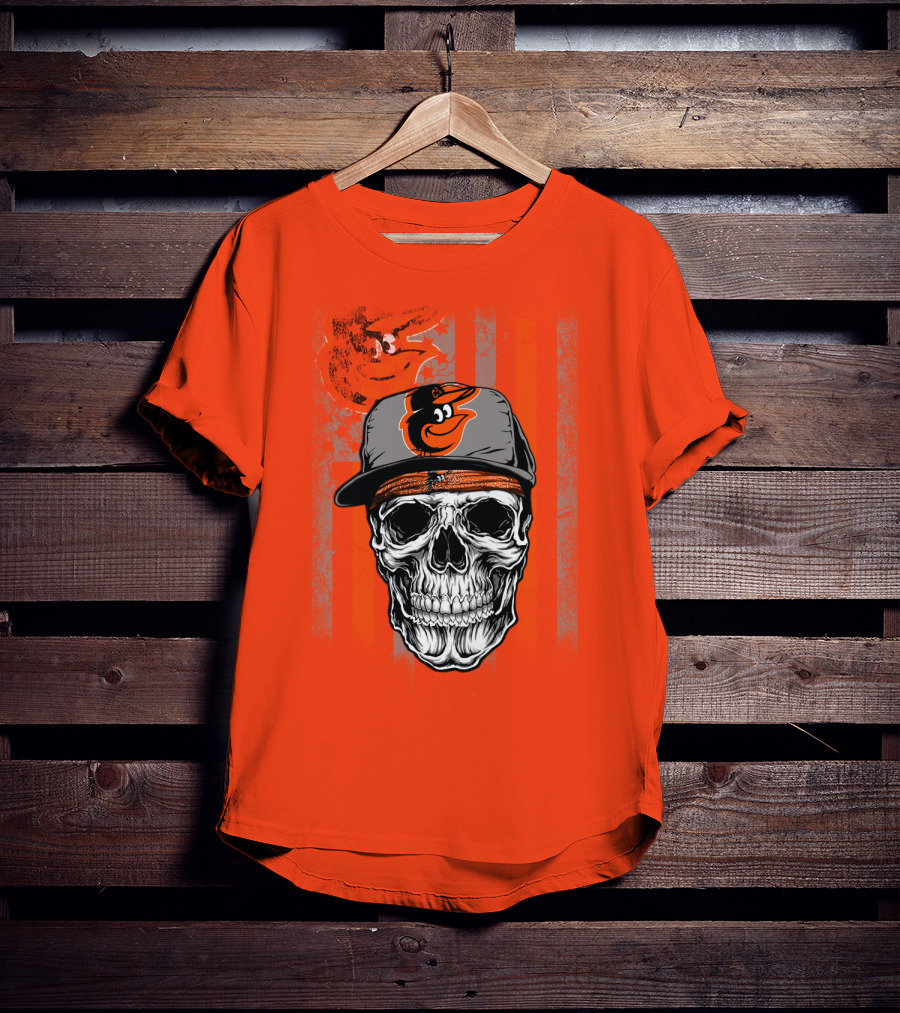 Baltimore Orioles Skull With Cap On Orange T-Shirt