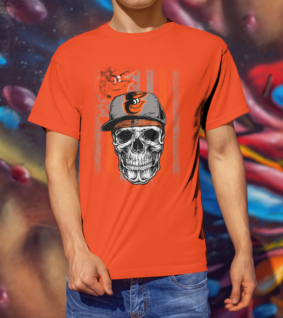 Baltimore Orioles Skull With Cap On Orange T-Shirt
