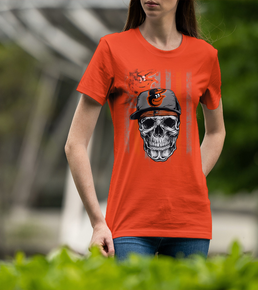 Baltimore Orioles Skull With Cap On Orange T-Shirt