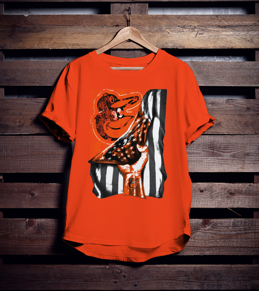 Baltimore Orioles American Flag Fist Logo On Orange T-Shirt