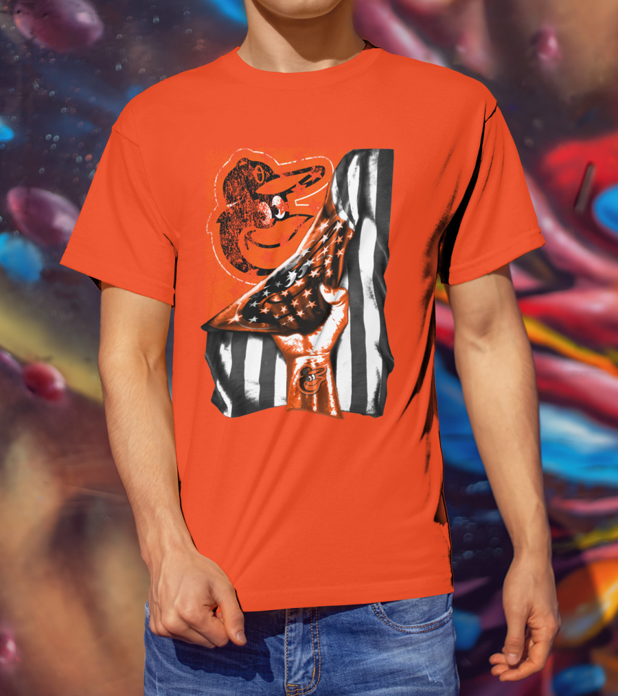 Baltimore Orioles American Flag Fist Logo On Orange T-Shirt
