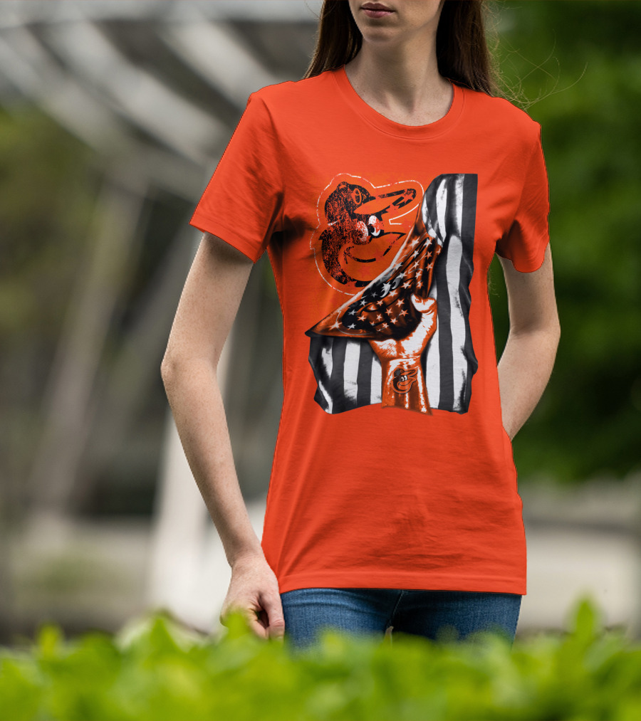 Baltimore Orioles American Flag Fist Logo On Orange T-Shirt