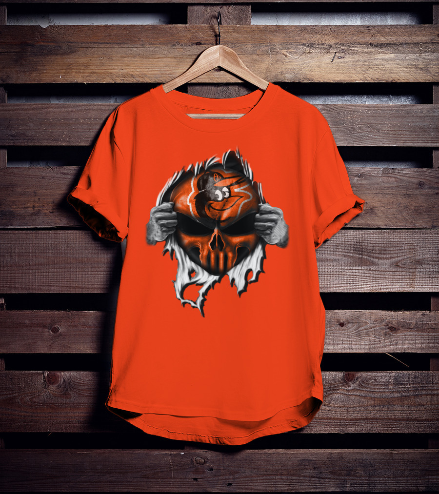 Baltimore Orioles Skull Logo Halloween Rip Effect T-Shirt