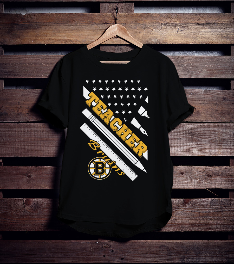 Boston Bruins Teacher American Flag Ruler Pencil Pen Stars T-Shirt
