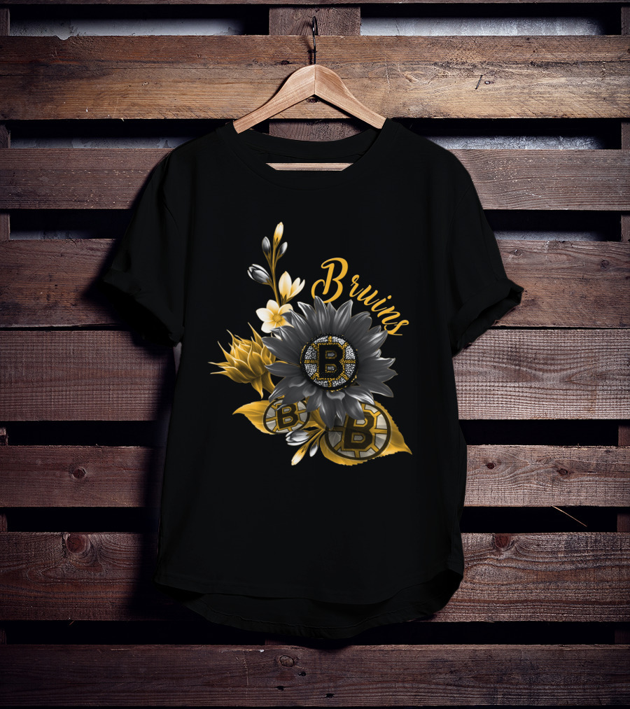 Boston Bruins Floral Logo Design With Yellow Flowers And Black T-Shirt