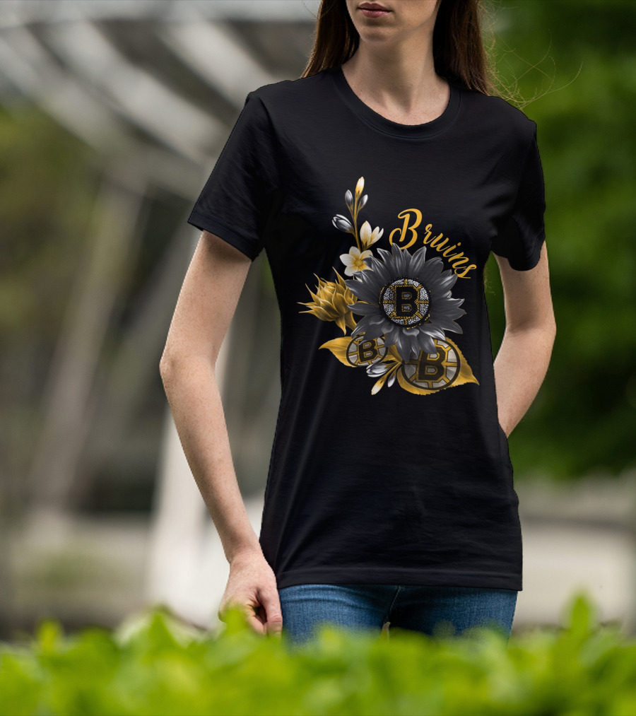Boston Bruins Floral Logo Design With Yellow Flowers And Black T-Shirt