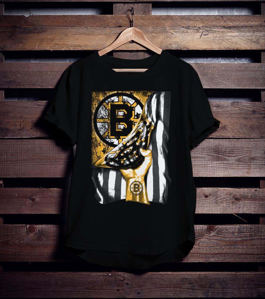 Boston Bruins American Flag Hand Emblem Black And Gold Burst T-Shirt