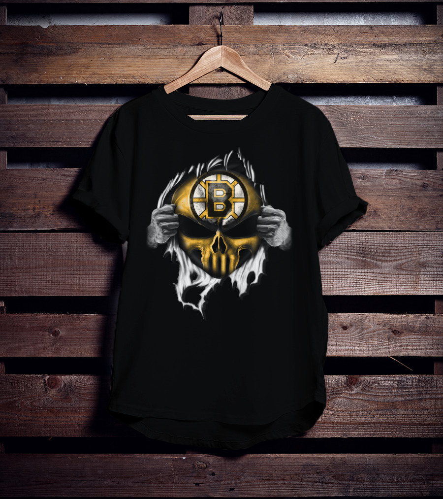Boston Bruins Skull Logo Ripping Through T-Shirt