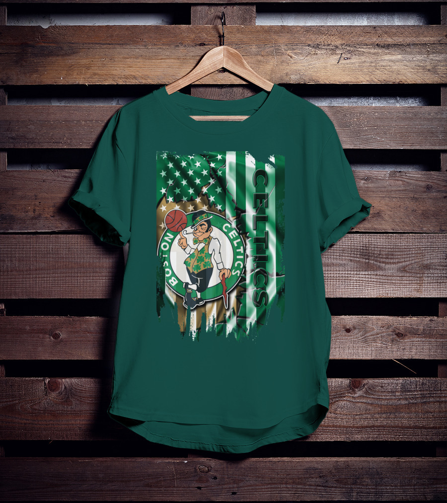 Boston Celtics Shamrock Leprechaun American Flag Basketball T-Shirt