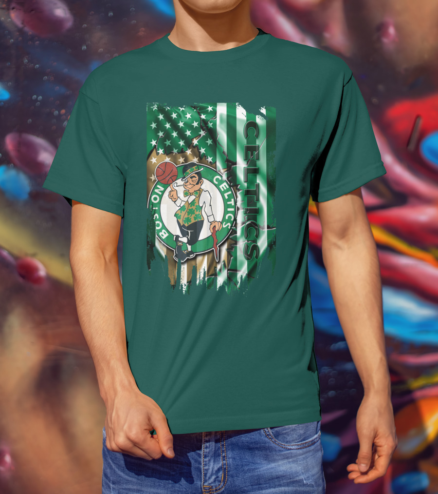 Boston Celtics Shamrock Leprechaun American Flag Basketball T-Shirt