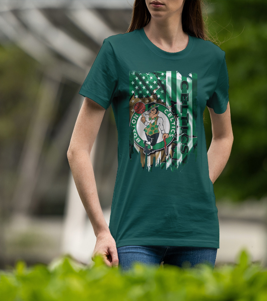 Boston Celtics Shamrock Leprechaun American Flag Basketball T-Shirt