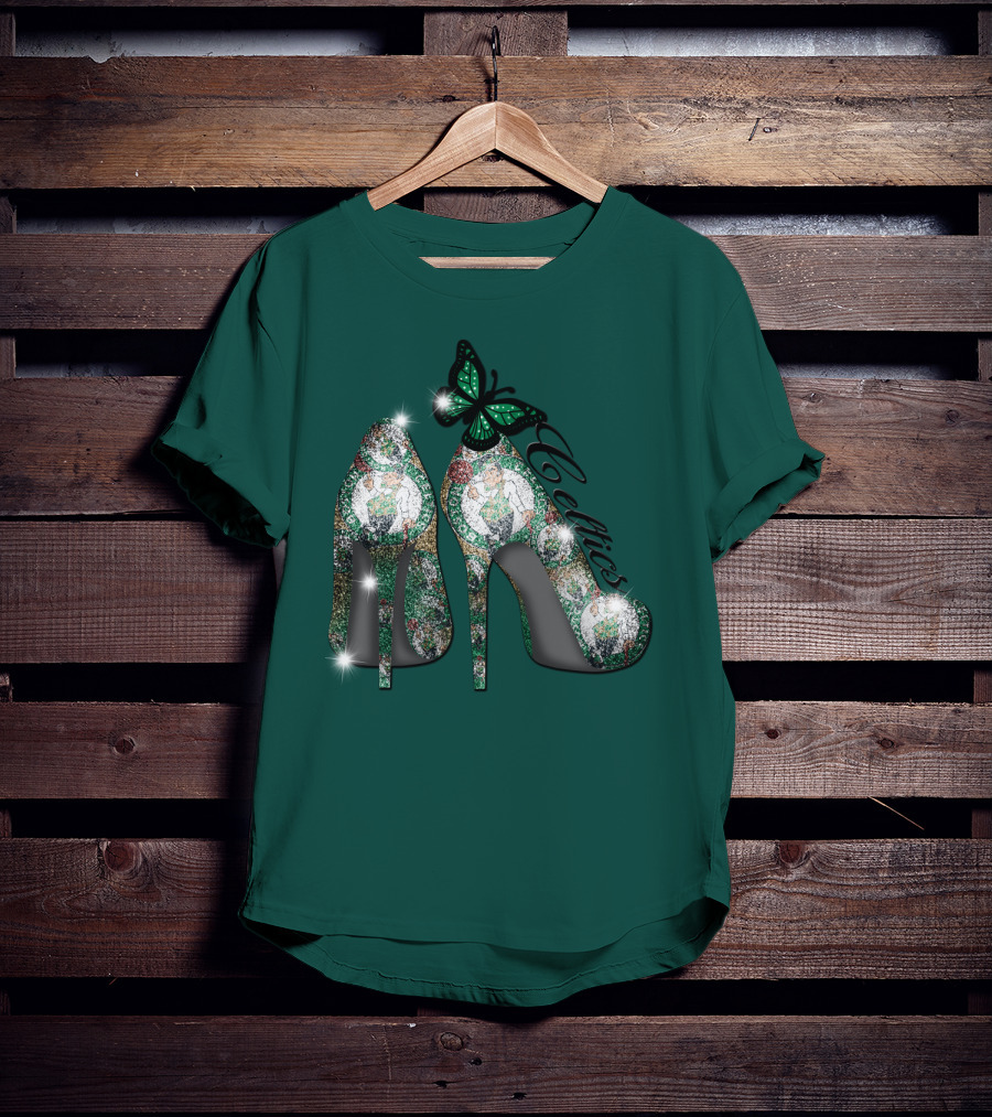 Boston Celtics High Heels With Green Butterfly Sparkle T-Shirt
