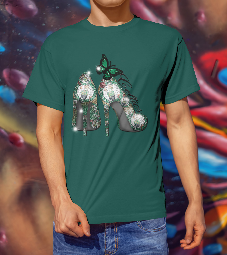 Boston Celtics High Heels With Green Butterfly Sparkle T-Shirt