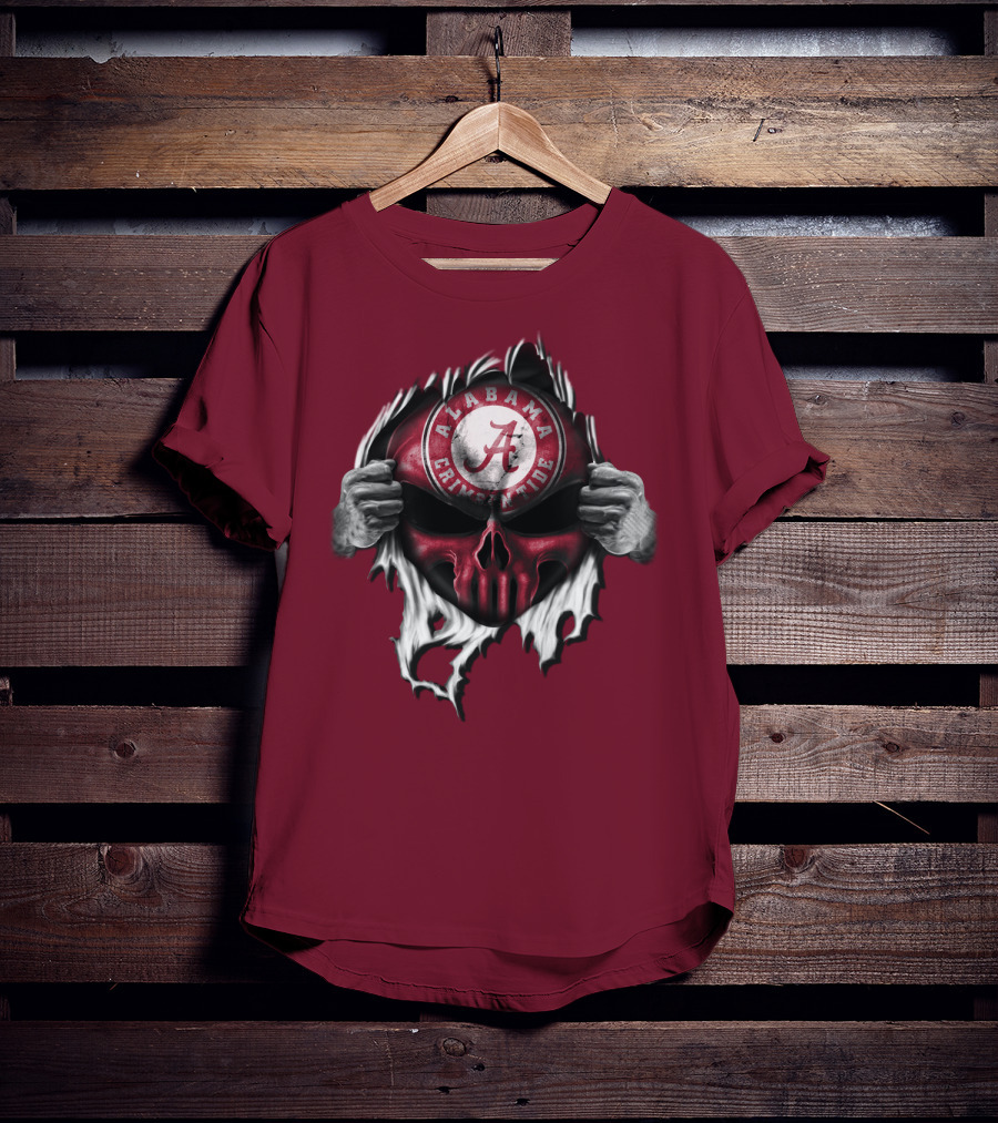 Alabama Crimson Tide Skull Emblem With Red And White Torn Fabric Effect T-Shirt