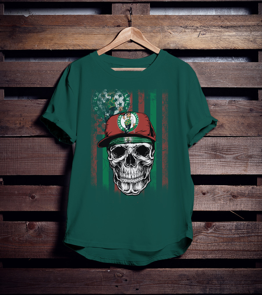 Boston Celtics Skull With Cap And Stripes T-Shirt
