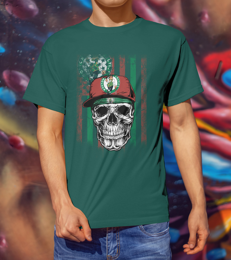 Boston Celtics Skull With Cap And Stripes T-Shirt