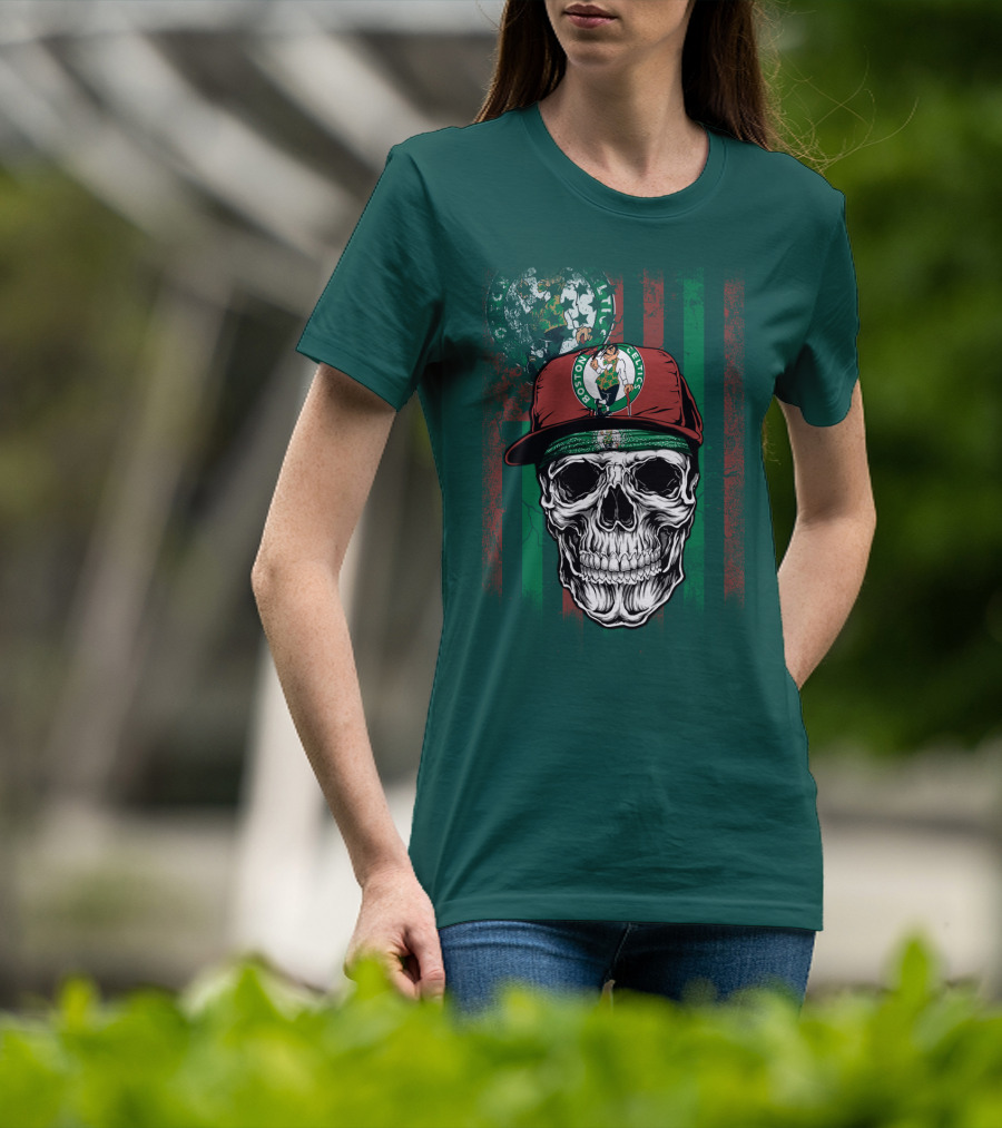 Boston Celtics Skull With Cap And Stripes T-Shirt
