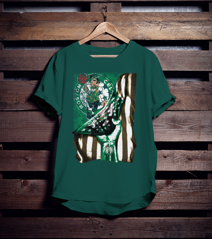 Boston Celtics Hand Lifting Flag With Lucky The Leprechaun And Basketball T-Shirt