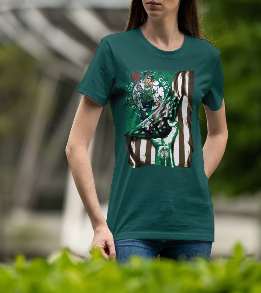 Boston Celtics Hand Lifting Flag With Lucky The Leprechaun And Basketball T-Shirt