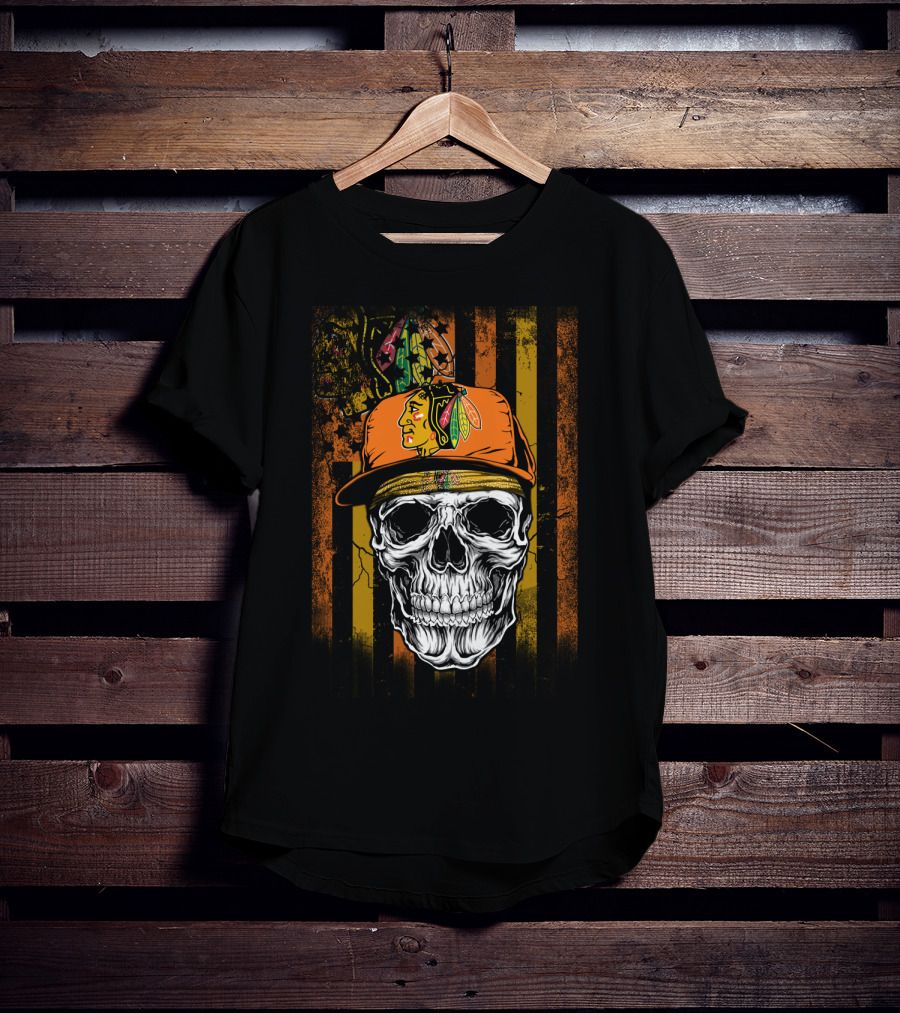 Chicago Blackhawks Skull With Hat And Feathered T-Shirt