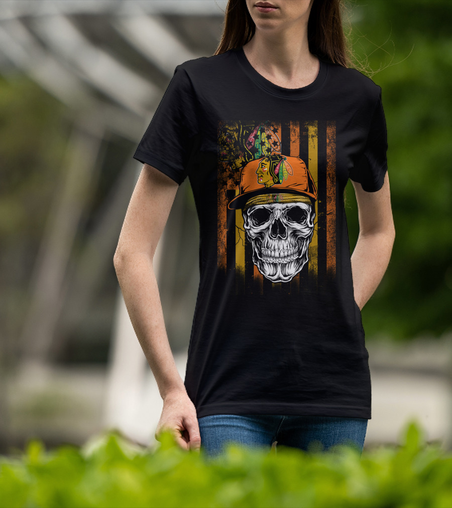 Chicago Blackhawks Skull With Hat And Feathered T-Shirt