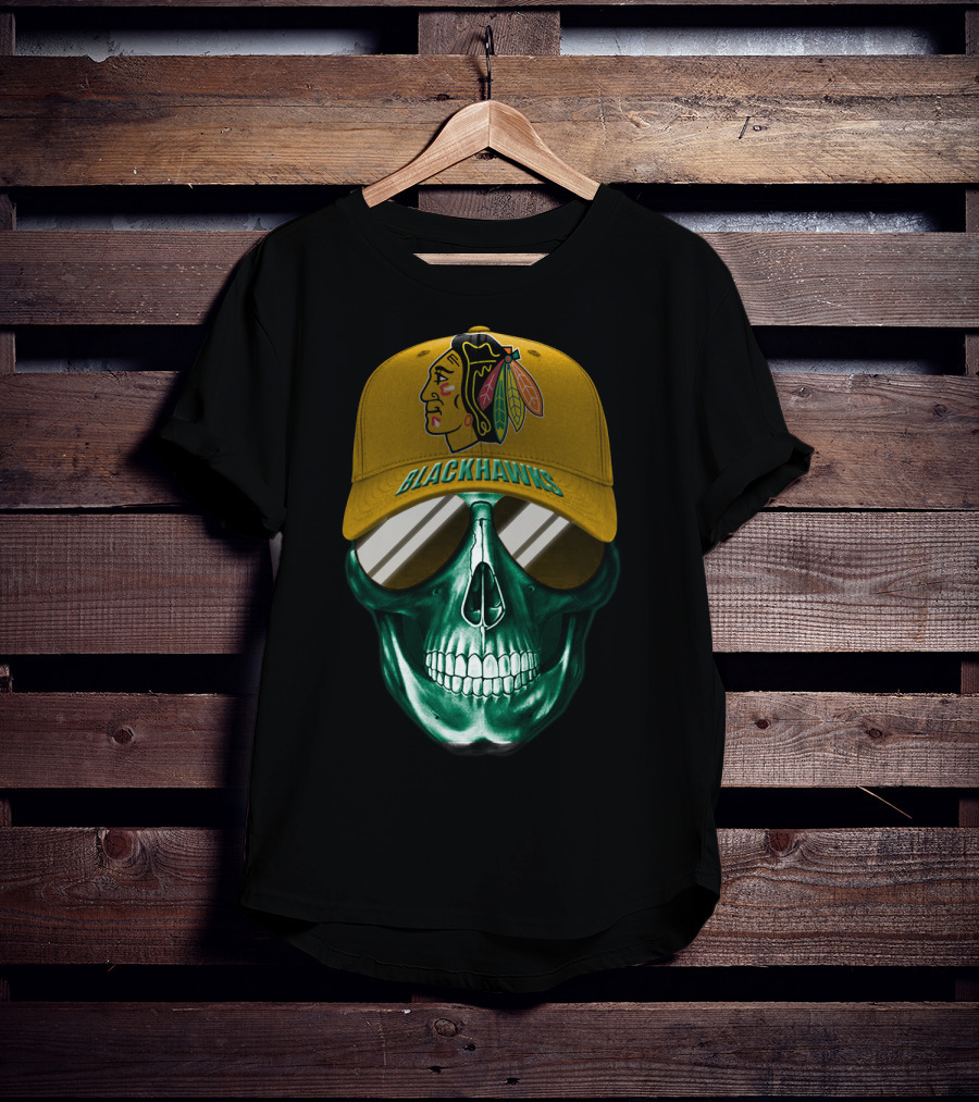Chicago Blackhawks Skull With Iconic Logo And Cap T-Shirt