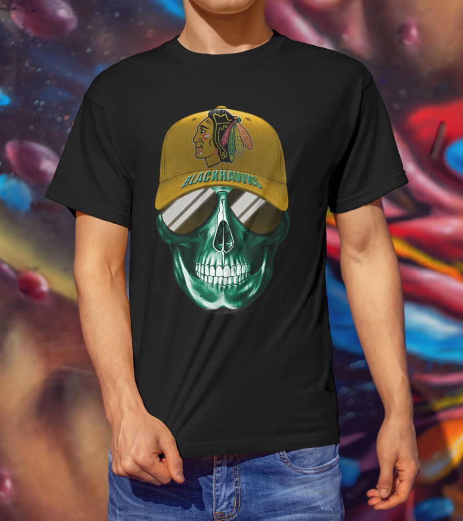 Chicago Blackhawks Skull With Iconic Logo And Cap T-Shirt