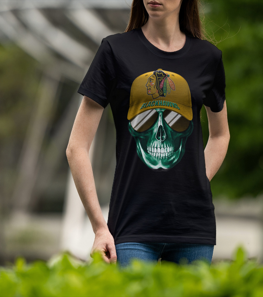 Chicago Blackhawks Skull With Iconic Logo And Cap T-Shirt
