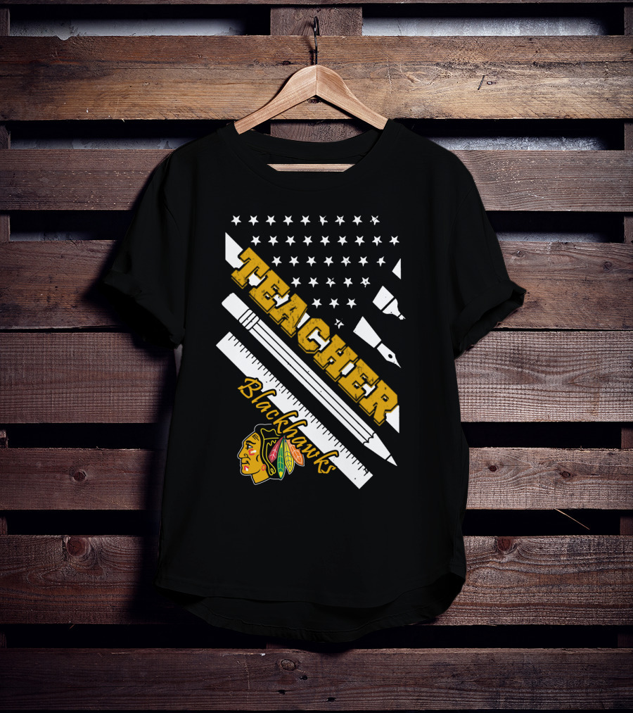 Blackhawks Teacher Usa Flag Pencil Ruler T-Shirt