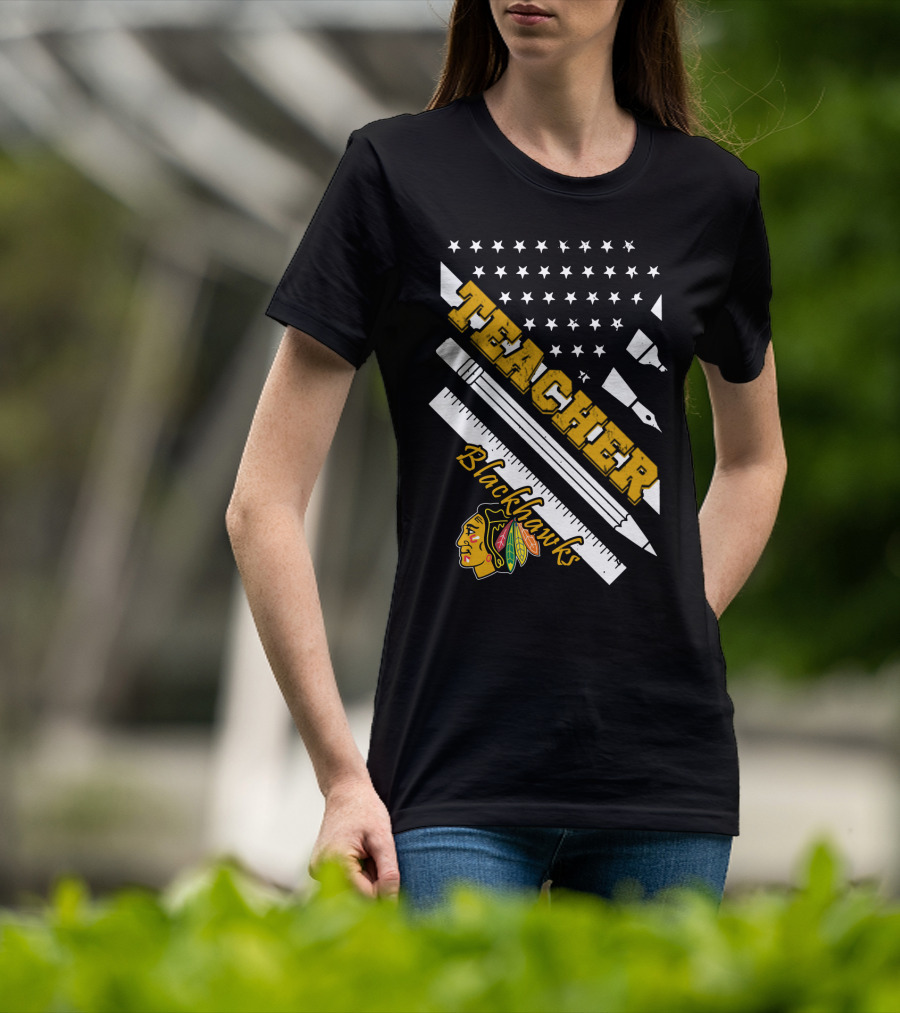 Blackhawks Teacher Usa Flag Pencil Ruler T-Shirt