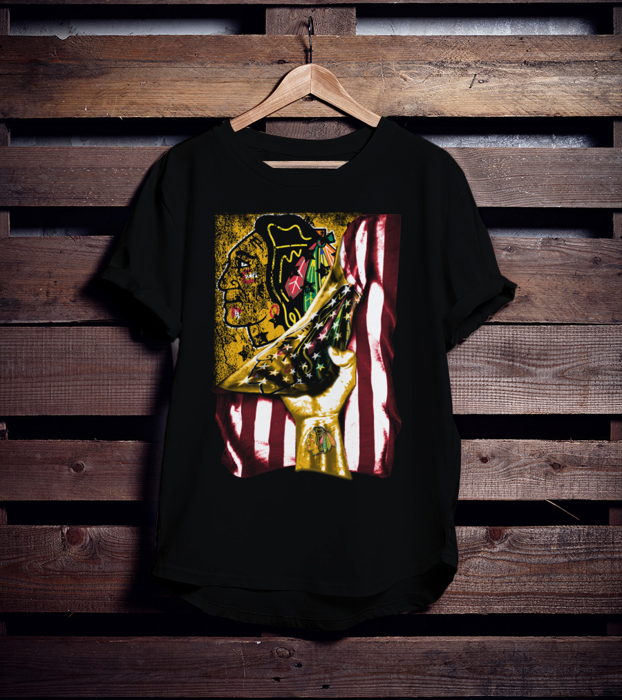 Chicago Blackhawks American Flag Hand Pulling Stars And Stripes With Team T-Shirt