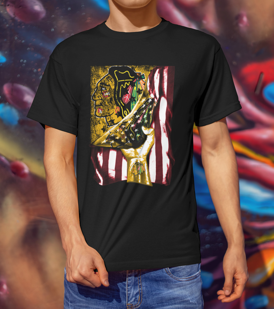 Chicago Blackhawks American Flag Hand Pulling Stars And Stripes With Team T-Shirt