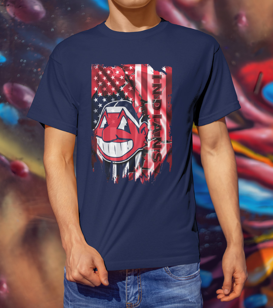 Cleveland Indians Chief Wahoo American Flag Patriotic Baseball T-Shirt