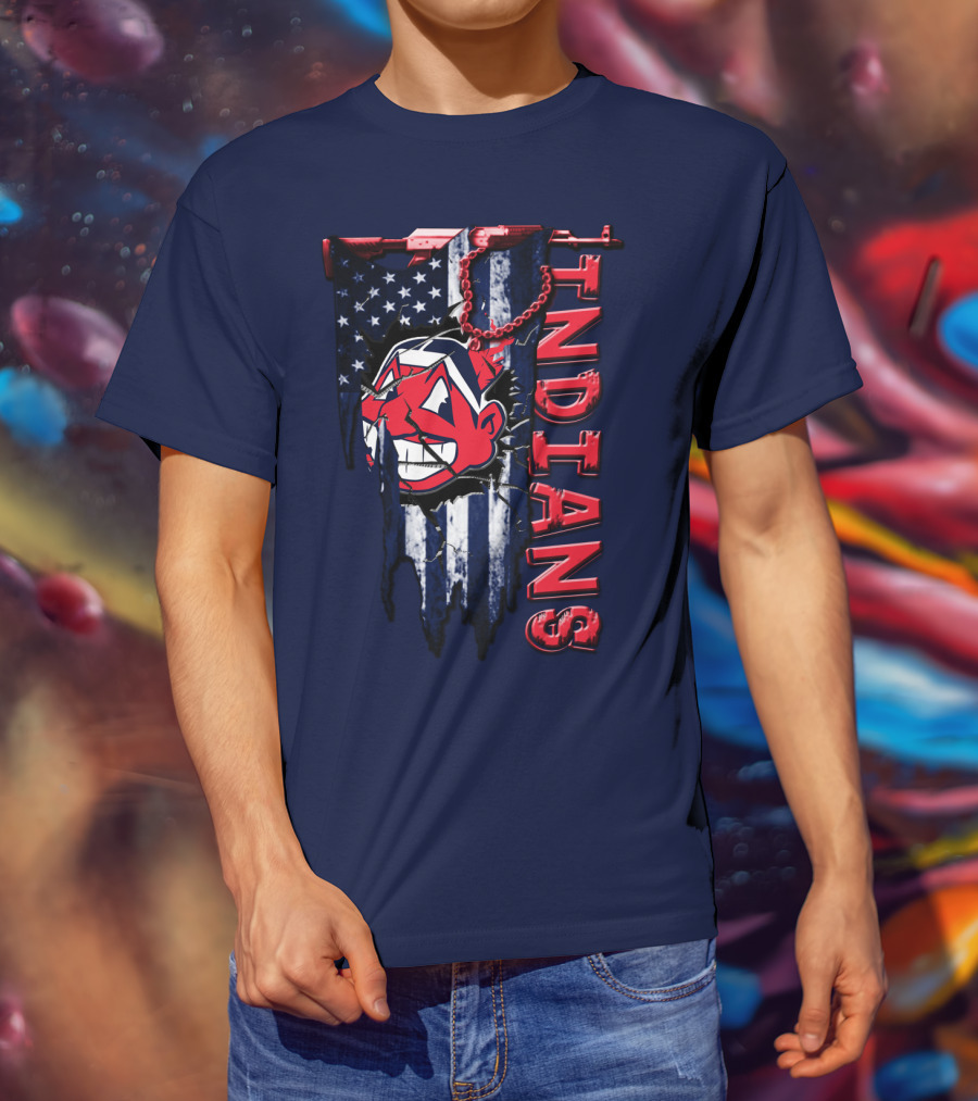 Cleveland Indians Vintage Chief Wahoo With American Flag And Red Chain T-Shirt