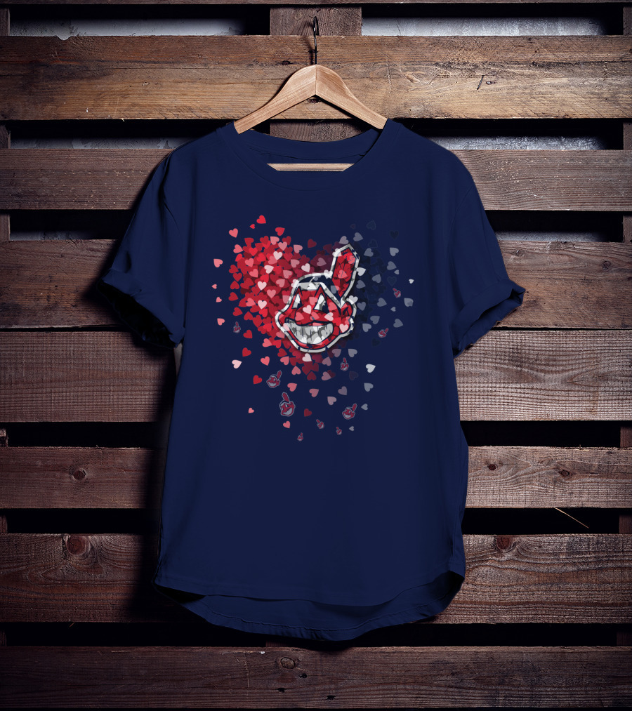 Cleveland Indians Heart Logo With Feathered Chief Wahoo In Blue And Red T-Shirt